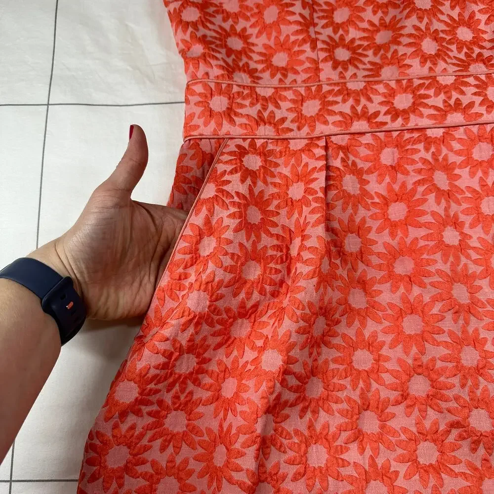 Boden Dress Women 10 Long Coral Orange Daisy Jacquard Floral Sheath Pockets - Picture 8 of 12